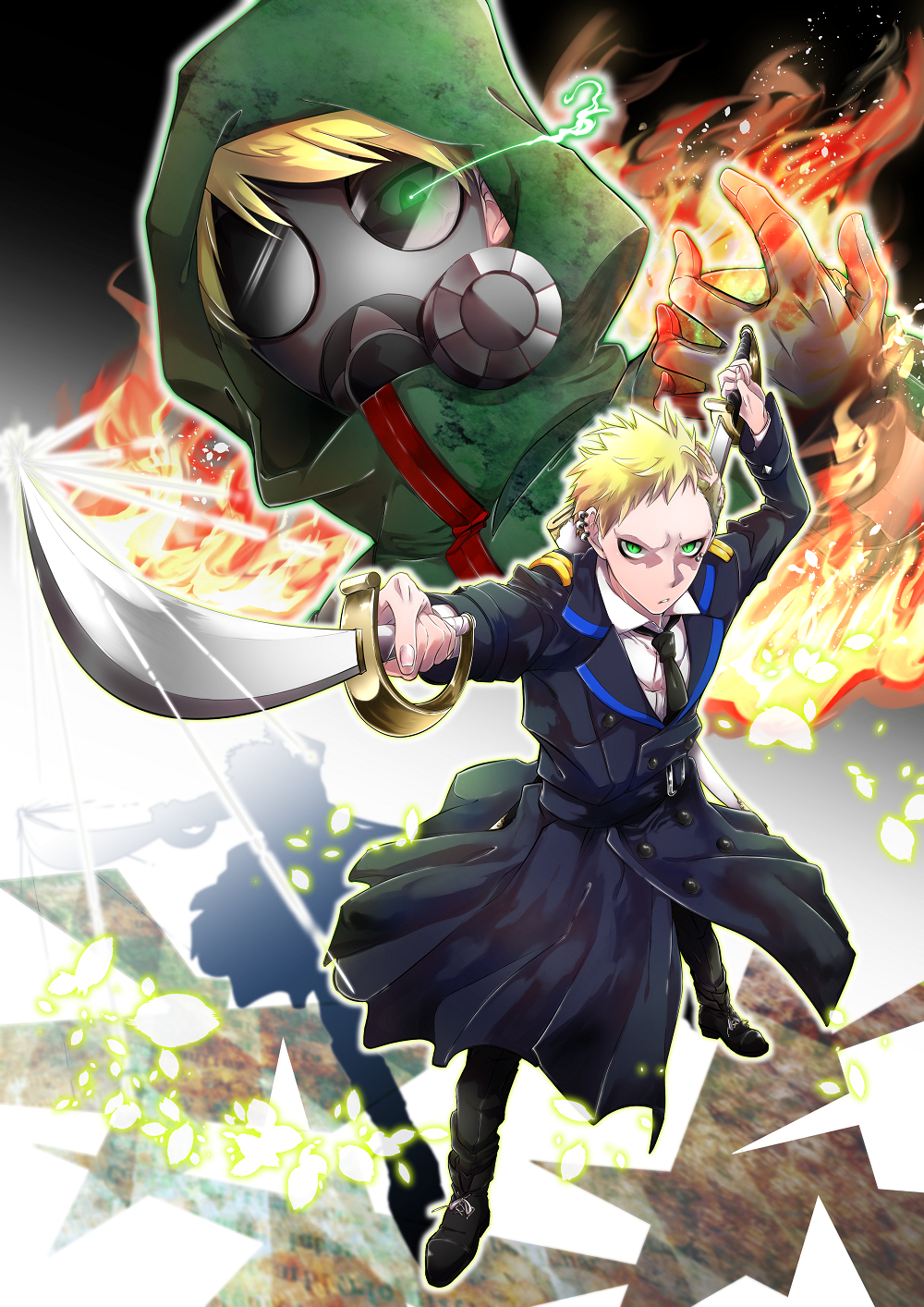 blonde_hair brothers burn_scar ear_piercing fugo_dressel gas_mask green_eyes highres higyaku_no_noel hood hooded_jacket jacket love-volleyandsoccer military military_uniform multiple_boys oscar_dressel piercing scar scar_across_eye short_hair siblings sword uniform weapon