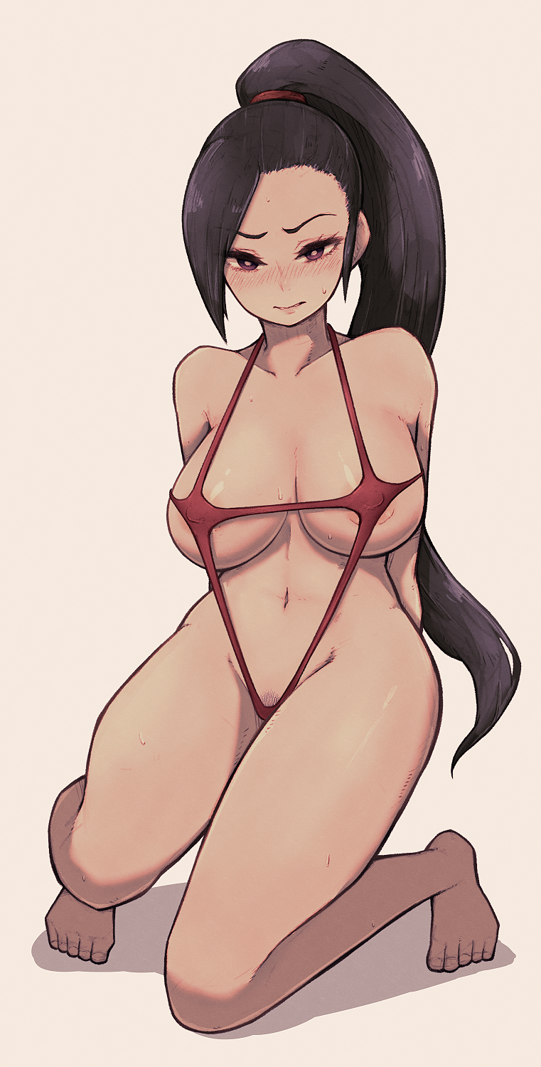 areola_slip areolae arms_behind_back bare_arms bare_legs bare_shoulders barefoot black_hair blush breasts breasts_apart collarbone covered_nipples dragon_quest dragon_quest_xi embarrassed full_body groin half-closed_eyes highres kneeling lamb-oic029 large_breasts lips long_hair looking_at_viewer martina_(dq11) navel nose_blush parted_lips ponytail pubic_hair pubic_hair_peek purple_eyes slingshot_swimsuit solo stomach sweat swimsuit toes v-shaped_eyebrows very_long_hair white_pupils