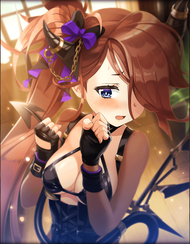 alternate_costume artist_request blue_eyes blush bow breasts brown_hair cleavage clenched_hands demon_tail fingerless_gloves gloves hair_ornament hair_over_one_eye horn horn_ornament long_hair medium_breasts official_art open_mouth paracelsus_(phantom_of_the_kill) phantom_of_the_kill ponytail tail wing_ornament