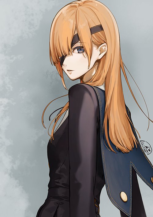 arms_at_sides black_dress black_ribbon blue_eyes brown_hair capelet commentary dress eyepatch fate/grand_order fate_(series) from_side hair_over_one_eye la-na light_brown_hair long_hair long_sleeves looking_at_viewer neck_ribbon one_eye_covered ophelia_phamrsolone ribbon signature straight_hair upper_body