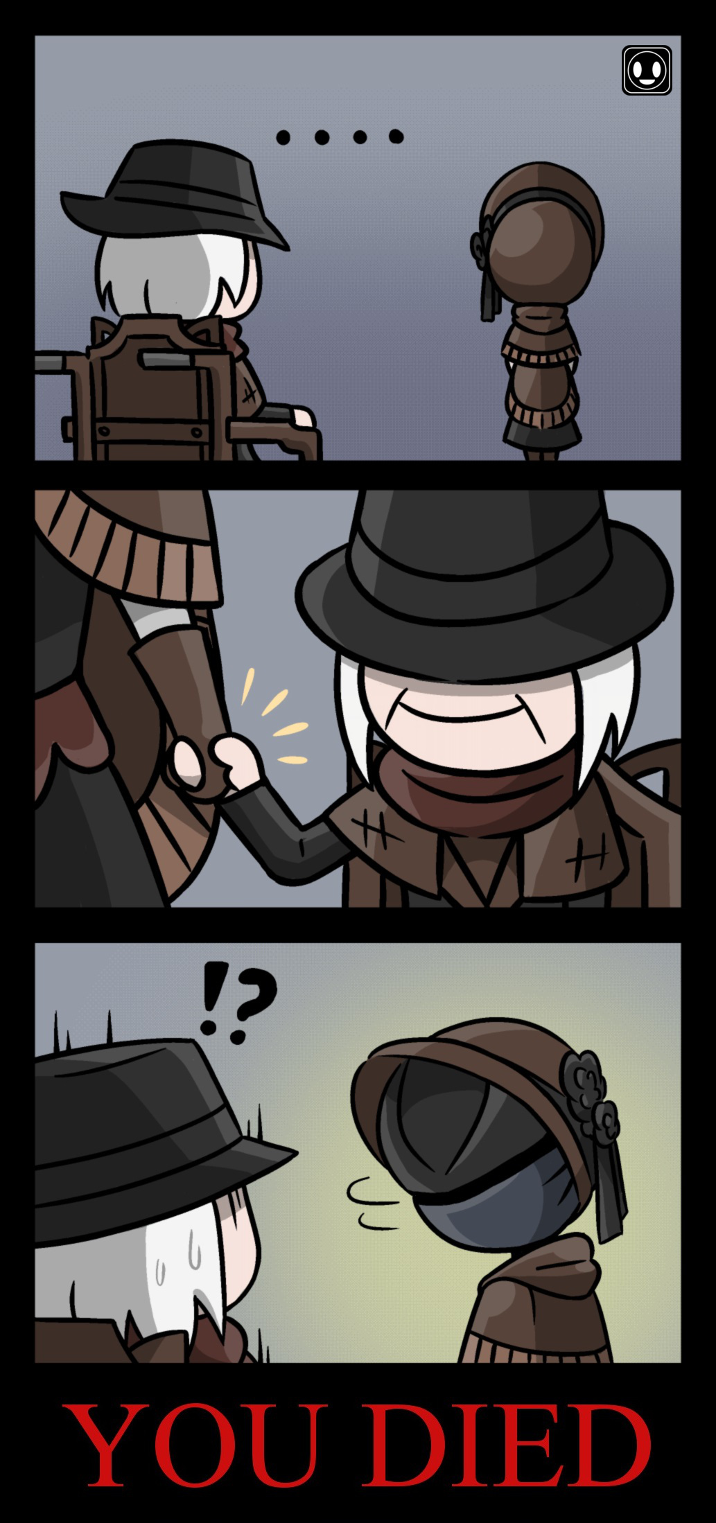 ... 2boys 3koma alternate_costume bloodborne bonnet colorized comic commentary dress english english_commentary gehrman_the_first_hunter gloves hat highres hunter_(bloodborne) lee-sanixay multiple_boys plain_doll scarf silent_comic sitting smile sweatdrop top_hat tug wheelchair white_hair