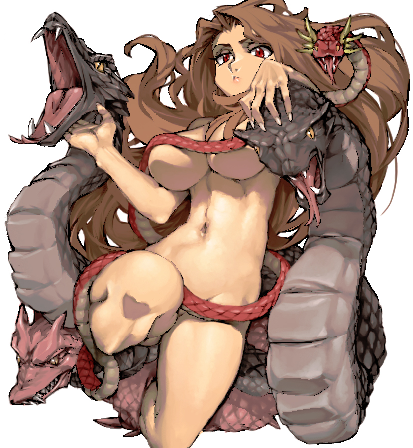 :&lt; animal breasts brown_hair closed_mouth convenient_censoring dragon final_fantasy final_fantasy_v fingernails groin hair_intakes large_breasts long_fingernails long_hair melusine navel nude red_eyes scales simple_background snake solo stomach thighs very_long_hair white_background ysk!