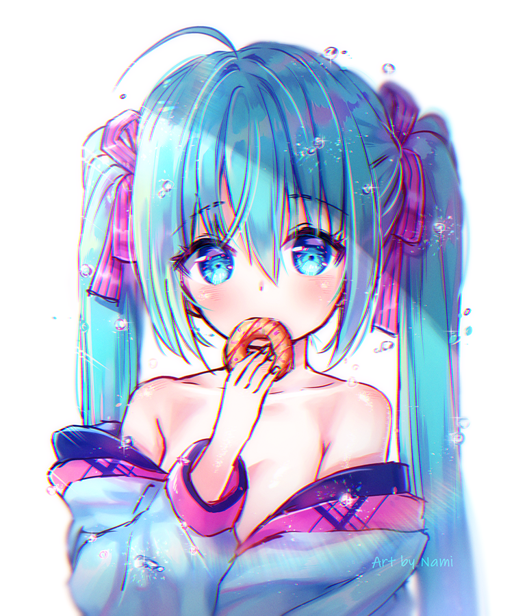ahoge bangs blue_eyes blue_hair blush bow collarbone covered_mouth doughnut eyebrows_visible_through_hair fingernails food hair_between_eyes hair_bow hatsune_miku holding holding_food long_hair long_sleeves looking_at_viewer natsumii_chan off_shoulder pink_bow puffy_long_sleeves puffy_sleeves simple_background solo striped striped_bow twintails very_long_hair vocaloid white_background