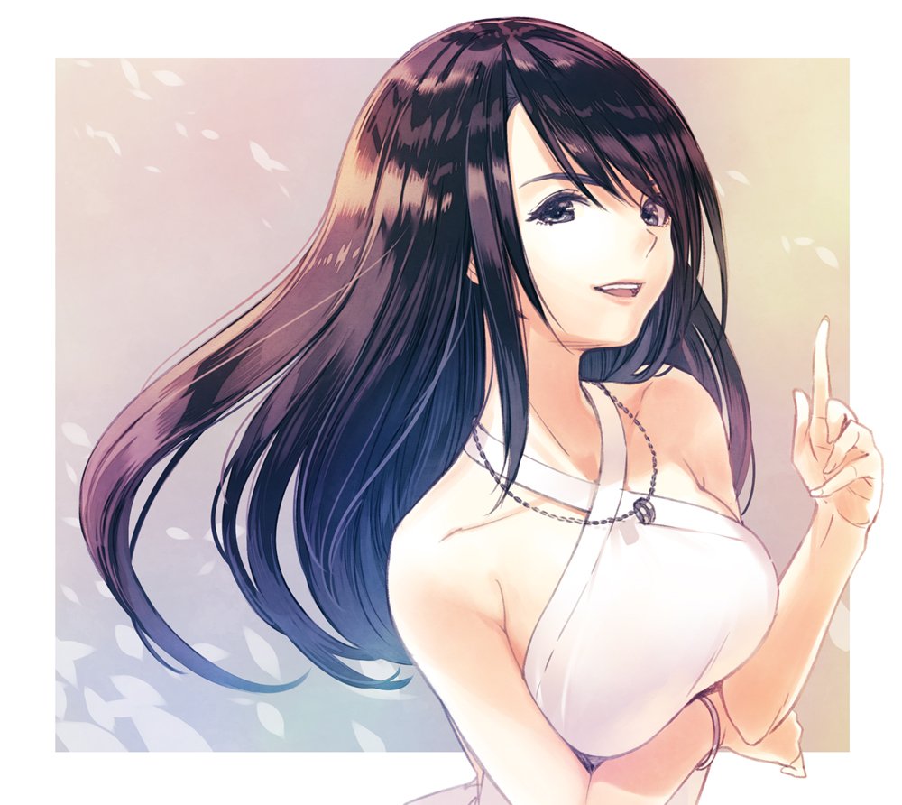 :d bangs bare_shoulders black_hair bracelet breasts collarbone dress final_fantasy final_fantasy_viii grey_eyes hair_between_eyes hirano_katsuyuki jewelry long_hair looking_at_viewer medium_breasts necklace open_mouth rinoa_heartilly smile solo straight_hair teeth upper_body white_dress