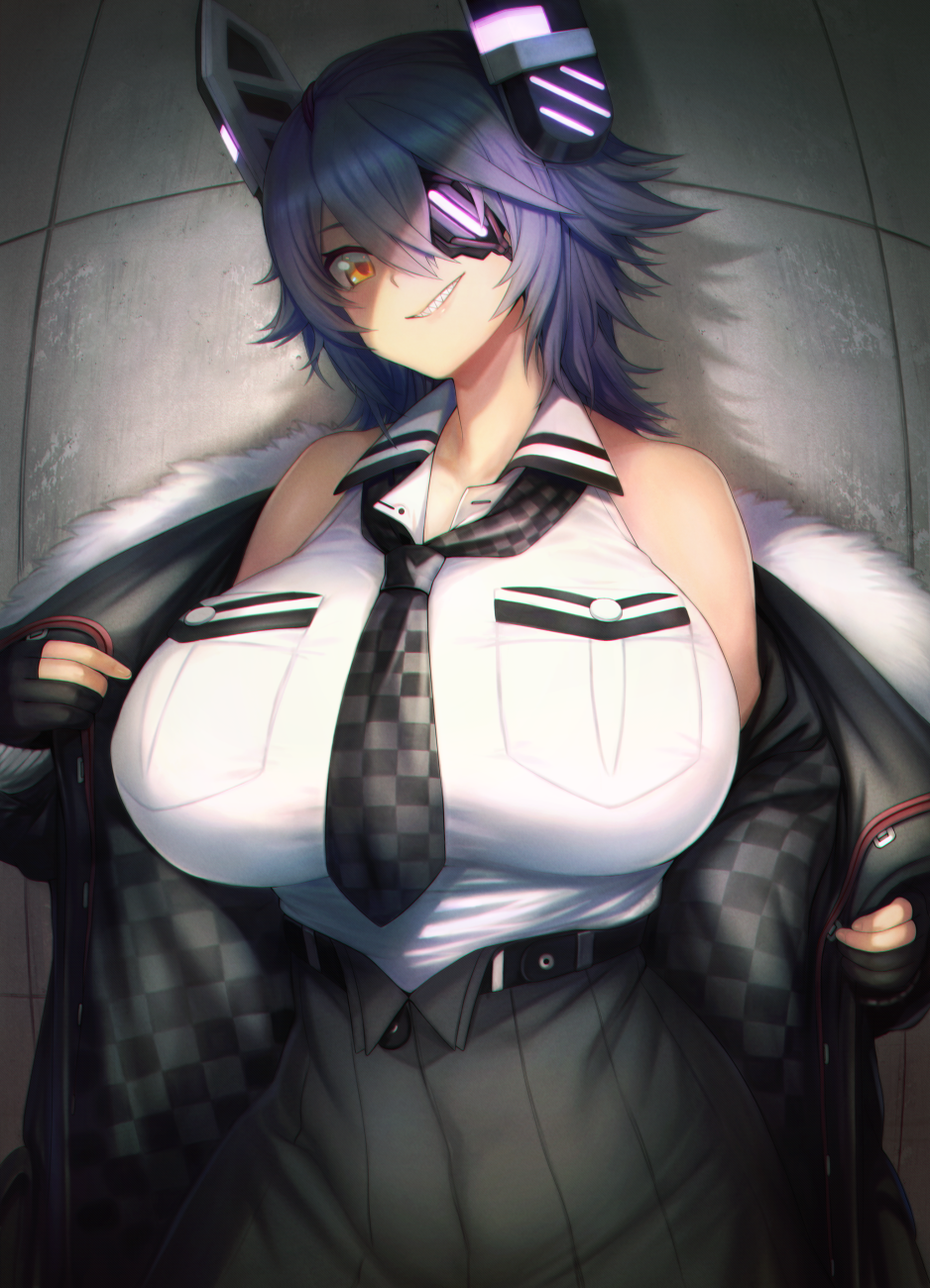 bajima_shouhei bare_shoulders belt black_gloves breasts checkered checkered_neckwear commentary eyepatch fur-trimmed_jacket fur_trim gloves glowing grin headgear high-waist_skirt highres huge_breasts jacket kantai_collection looking_at_viewer necktie open_clothes open_jacket parted_lips partly_fingerless_gloves purple_hair sharp_teeth shiny shiny_hair shiny_skin short_hair skirt smile solo teeth tenryuu_(kantai_collection) upper_body yellow_eyes
