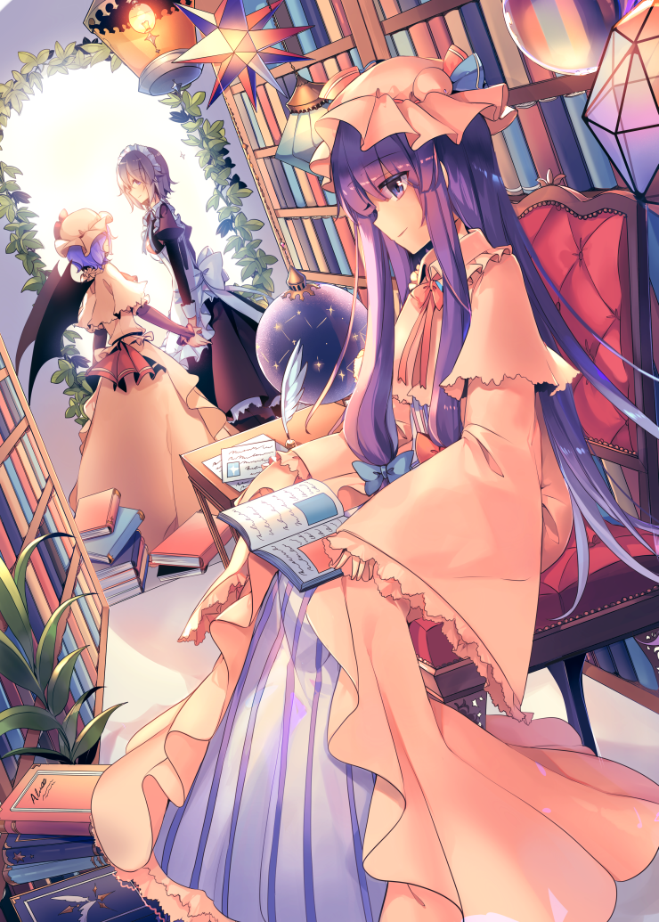 apron bat_wings black_dress blue_bow blue_eyes blue_hair blue_ribbon book bookshelf bow breasts capelet chair commentary_request dress dutch_angle eyebrows_visible_through_hair feathers frilled_apron frills from_behind from_side hair_bow hat hat_ribbon izayoi_sakuya juliet_sleeves kirero long_dress long_hair long_sleeves looking_at_another maid maid_apron maid_headdress medium_breasts mob_cap multiple_girls open_book patchouli_knowledge petticoat pink_bow pink_capelet pink_dress pink_hat pink_ribbon plant profile puffy_sleeves purple_dress purple_eyes purple_hair red_ribbon remilia_scarlet ribbon short_hair sidelocks silver_hair smile standing striped table touhou vertical-striped_dress vertical_stripes very_long_hair white_apron wings