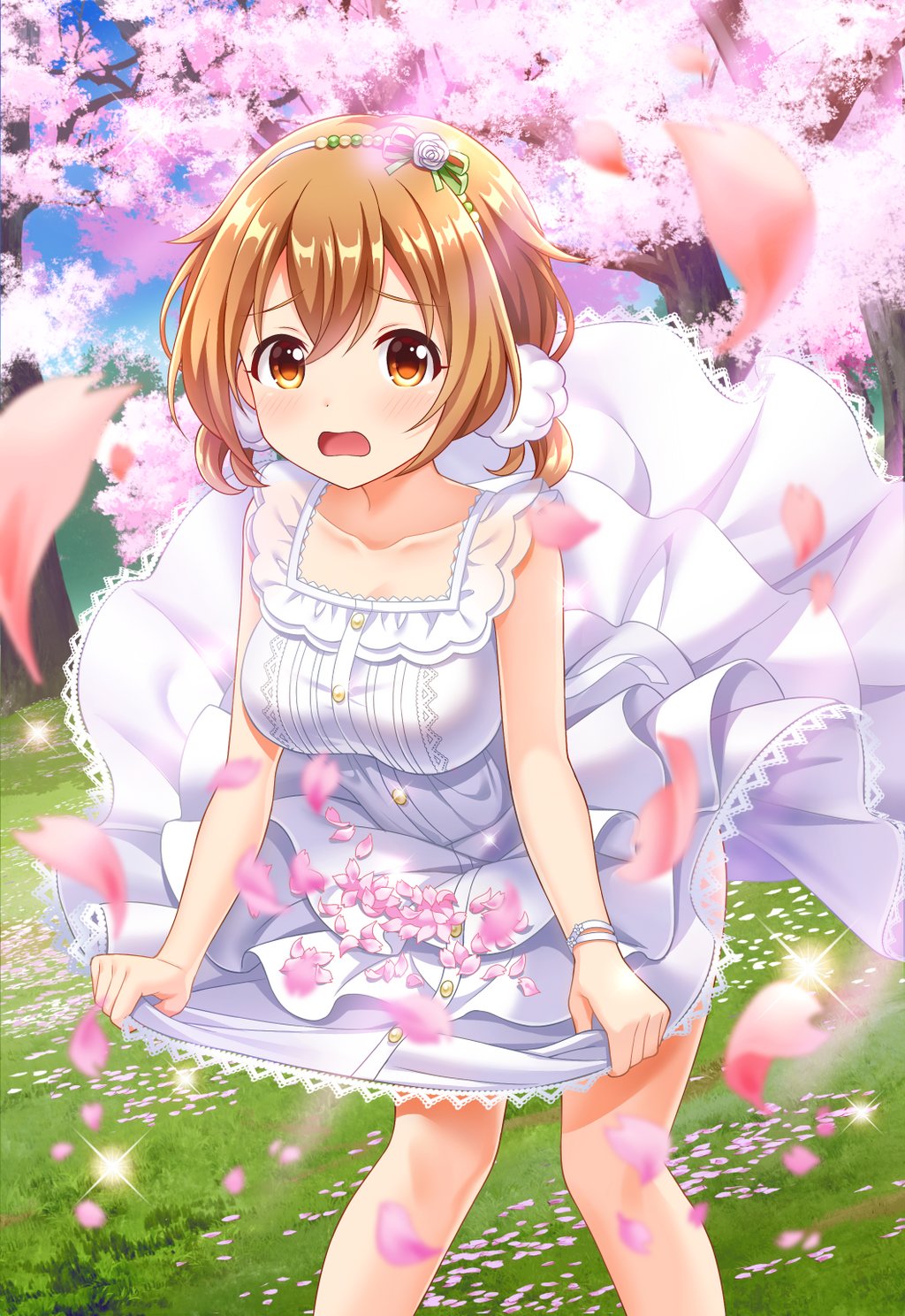 alternative_girls bangs bare_shoulders blonde_hair blush bracelet breasts buttons cherry_blossoms collarbone day dress frilled_dress frills hair_between_eyes hair_ornament hair_scrunchie hairband highres jewelry large_breasts looking_at_viewer low_twintails momoi_hina official_art open_mouth outdoors pink_petals scrunchie short_hair twintails white_dress white_scrunchie wind yellow_eyes