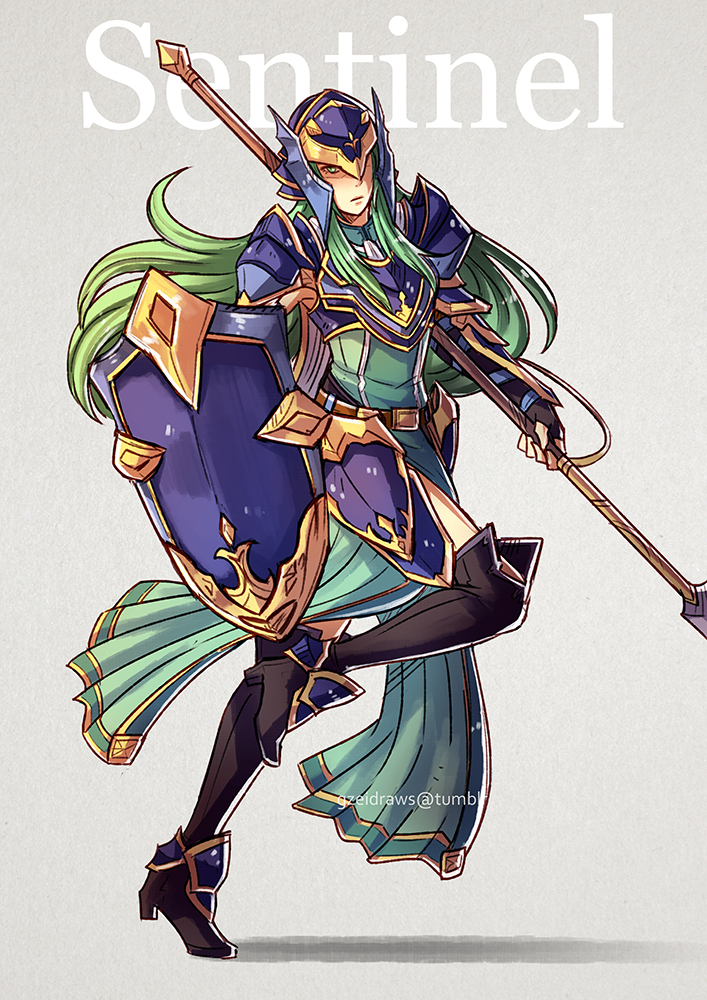 armor bad_id bad_tumblr_id breastplate fire_emblem fire_emblem:_akatsuki_no_megami fire_emblem:_souen_no_kiseki green_eyes green_hair grey_background gzei helm helmet high_heels holding holding_spear holding_weapon long_hair looking_at_viewer nephenee pauldrons polearm simple_background skirt solo spear thighhighs weapon
