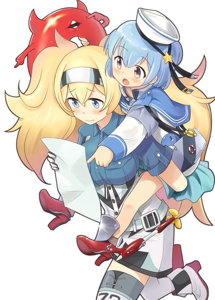 3: ahenn aqua_neckwear black_ribbon blonde_hair blue_eyes blue_hair blue_sailor_collar blue_shirt blush breast_pocket carrying collared_shirt commentary_request confused dixie_cup_hat double_bun dress enemy_lifebuoy_(kantai_collection) gambier_bay_(kantai_collection) gloves hair_between_eyes hair_ornament hairband hairpin hat hat_ribbon kantai_collection light_blush long_sleeves military_hat miniskirt multicolored multicolored_clothes multiple_girls neckerchief open_mouth paper piggyback pleated_skirt pocket pointing red_footwear ribbon sailor_collar sailor_dress samuel_b._roberts_(kantai_collection) school_uniform serafuku shinkaisei-kan shirt short_hair short_sleeves shorts simple_background skirt sleeve_cuffs star thighhighs twintails whale white_background white_hat white_legwear white_shirt yellow_eyes