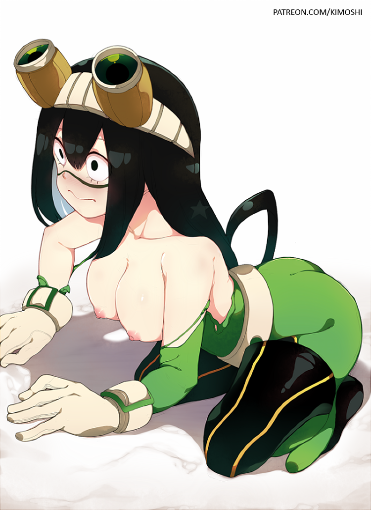 asui_tsuyu bare_shoulders black_eyes black_hair blush bodysuit boku_no_hero_academia breasts closed_mouth commentary deru06 english_commentary full_body gloves goggles goggles_on_head green_bodysuit long_hair medium_breasts nipples simple_background solo torn_bodysuit torn_clothes white_background white_gloves