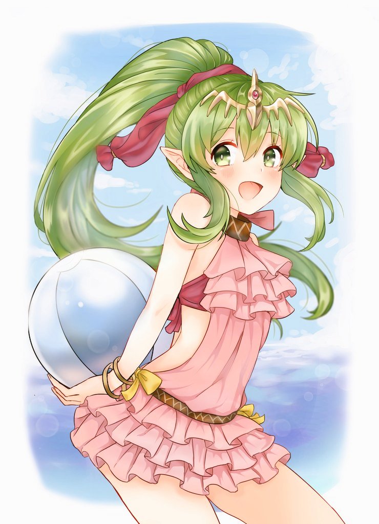 akina_(akn_646) chiki fire_emblem fire_emblem:_monshou_no_nazo fire_emblem_heroes green_eyes green_hair long_hair looking_at_viewer mamkute open_mouth pointy_ears ponytail solo swimsuit tiara water wings