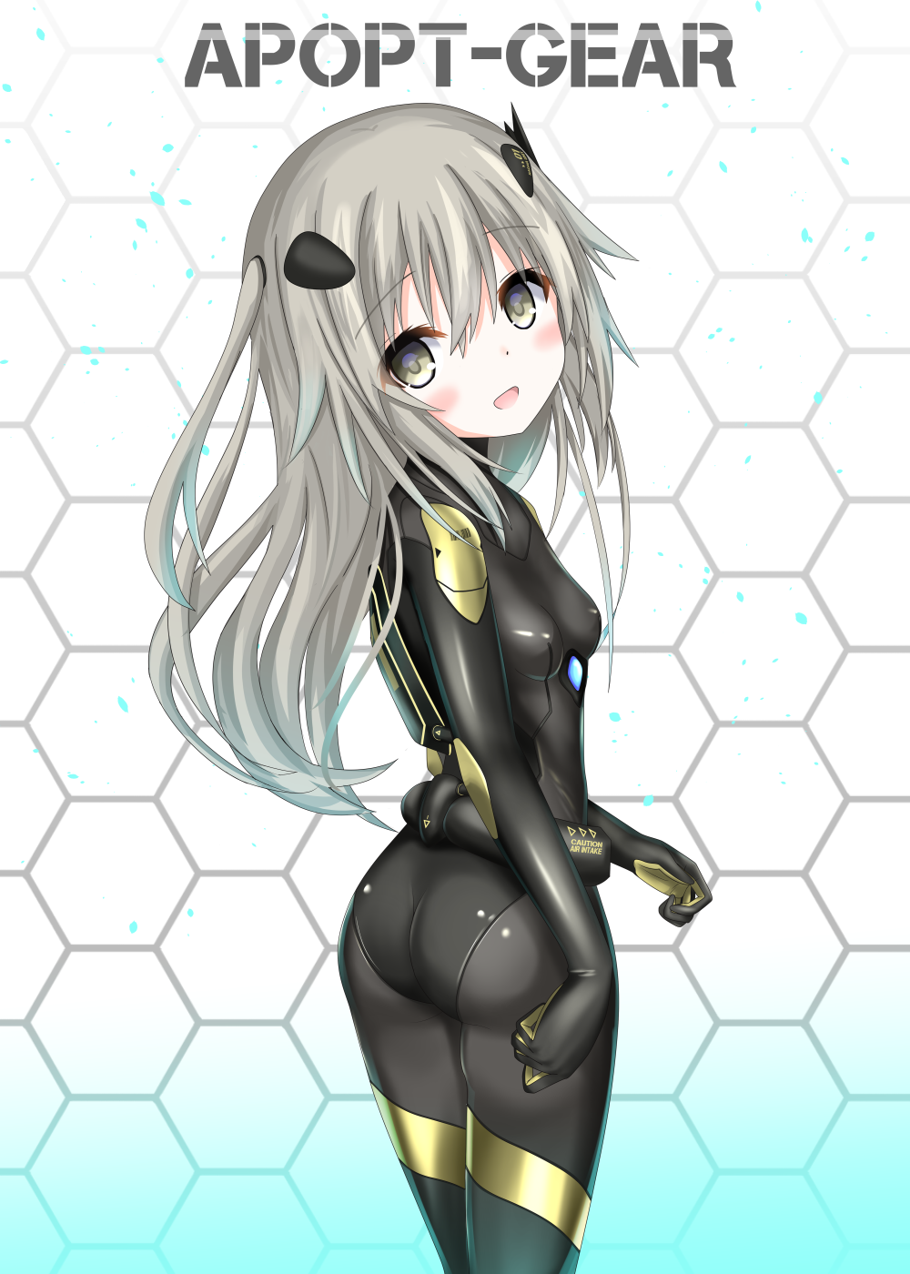 ass black_bodysuit blush bodysuit breasts commentary_request from_behind grey_eyes grey_hair highres langley1000 long_hair looking_back open_mouth original pilot_suit skin_tight small_breasts smile solo tight
