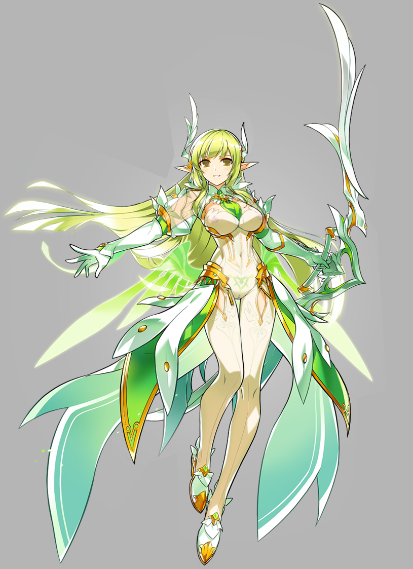 artist_request bodysuit bow_(weapon) breasts chinese_commentary cleavage commentary_request daybreaker_(elsword) elbow_gloves elf elsword erolnu full_body gloves green_eyes green_hair green_neckwear green_wings grey_background holding holding_bow_(weapon) holding_weapon large_breasts legs long_hair looking_at_viewer necktie official_art pointy_ears rena_(elsword) simple_background skin_tight smile solo thigh_gap weapon white_bodysuit white_gloves wings
