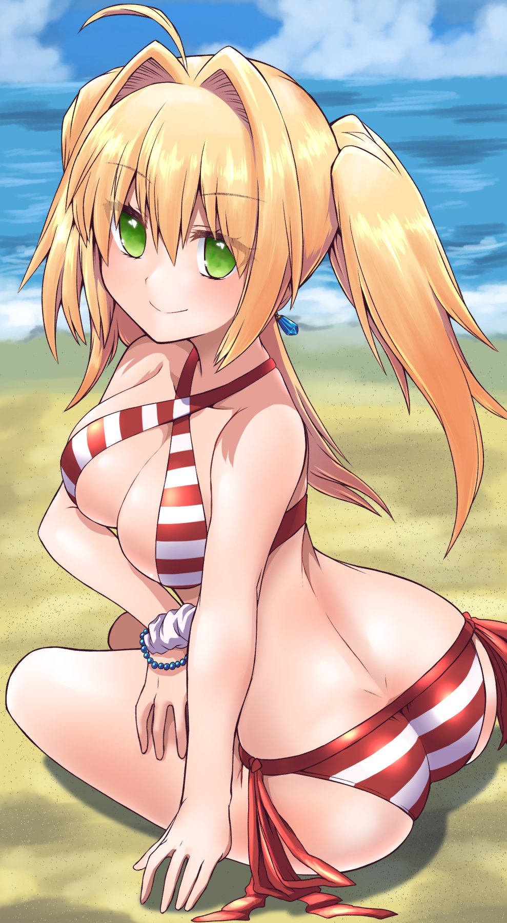 ahoge ass beach bikini blonde_hair blue_sky breasts cloud commentary_request criss-cross_halter day fate/grand_order fate_(series) green_eyes halterneck highres large_breasts m.m navel nero_claudius_(fate)_(all) nero_claudius_(swimsuit_caster)_(fate) ocean outdoors sand side-tie_bikini sky striped striped_bikini swimsuit twintails water