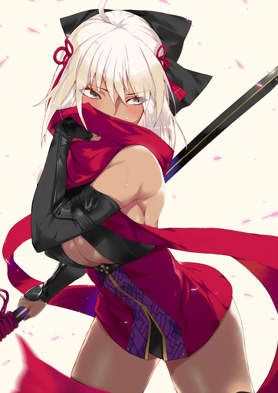 ahoge blush bow breasts cleavage commentary_request cowboy_shot dark_skin detached_sleeves dress fate/grand_order fate_(series) hair_bow hair_ribbon hand_to_own_mouth highres jpeg_artifacts large_breasts ohland okita_souji_(alter)_(fate) okita_souji_(fate)_(all) petals red_scarf ribbon scarf short_dress short_hair sideboob silver_hair simple_background sleeves_past_wrists solo sweat tassel thighhighs weapon white_hair yellow_background