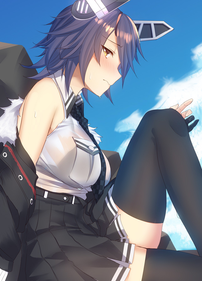black_gloves black_jacket black_legwear black_skirt blue_sky breasts checkered checkered_neckwear cloud commentary day feet_out_of_frame fur-trimmed_jacket fur_trim gloves headgear jacket kantai_collection large_breasts looking_at_viewer necktie outdoors pallad partly_fingerless_gloves pleated_skirt purple_hair remodel_(kantai_collection) short_hair sitting skirt sky solo tenryuu_(kantai_collection) thighhighs yellow_eyes