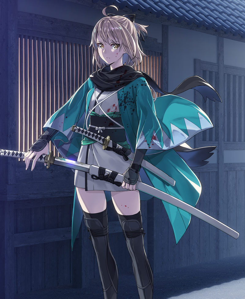 ahoge arm_guards bangs black_bow black_scarf blood blood_on_face bloody_clothes bow brown_eyes closed_mouth commentary_request eyebrows_visible_through_hair fate/grand_order fate_(series) hair_bow haori holding holding_sheath holding_sword holding_weapon japanese_clothes katana kimono koha-ace light_brown_hair long_sleeves looking_at_viewer okita_souji_(fate) okita_souji_(fate)_(all) outdoors scarf sheath short_kimono solo standing sword v-shaped_eyebrows weapon white_kimono wide_sleeves yahako