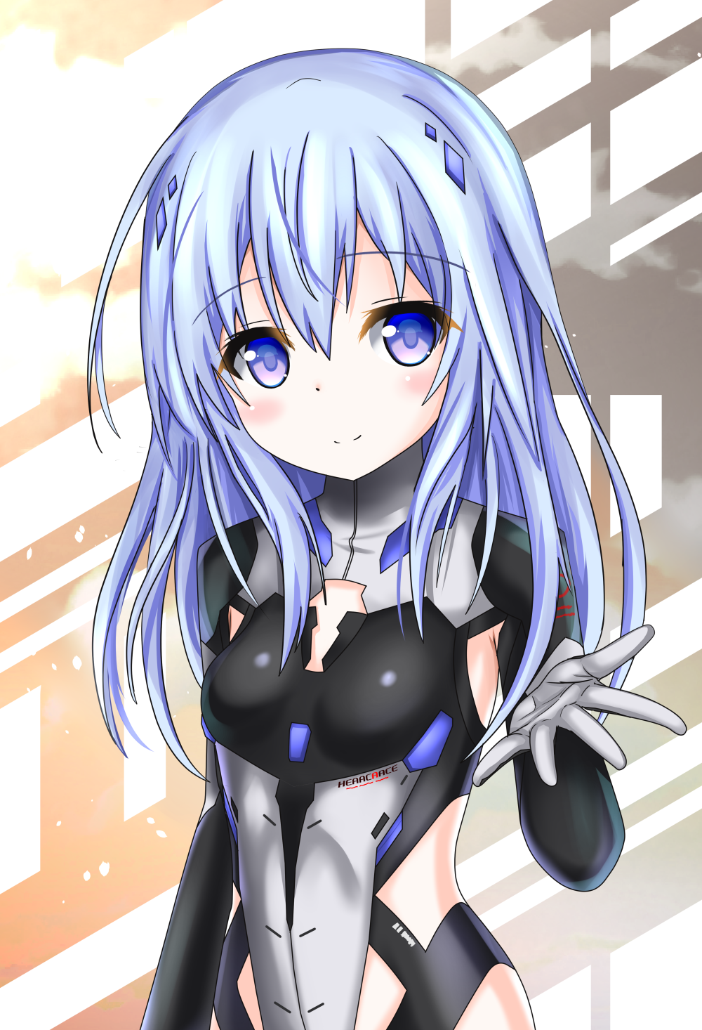 arm_up beatless black_gloves black_leotard blue_eyes blue_hair bodysuit commentary elbow_gloves english_commentary gloves highres langley1000 leicia leotard long_hair looking_at_viewer outstretched_hand smile solo upper_body