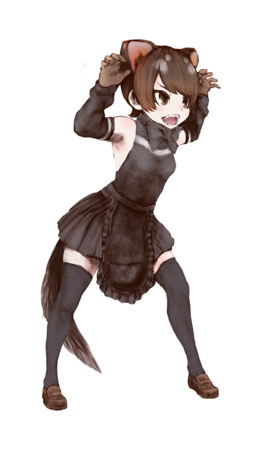 apron armpits bangs bare_shoulders black_apron black_legwear black_shirt black_skirt brown_eyes brown_footwear brown_gloves brown_hair claw_pose detached_sleeves extra_ears fangs frilled_apron frills from_side full_body gloves hands_up ise_(0425) kemono_friends looking_afar open_mouth shirt shoes short_hair sidelocks simple_background single_horizontal_stripe skirt sleeveless sleeveless_shirt solo standing swept_bangs tasmanian_devil_(kemono_friends) tasmanian_devil_ears tasmanian_devil_tail thighhighs tsurime v-shaped_eyebrows waist_apron white_background zettai_ryouiki