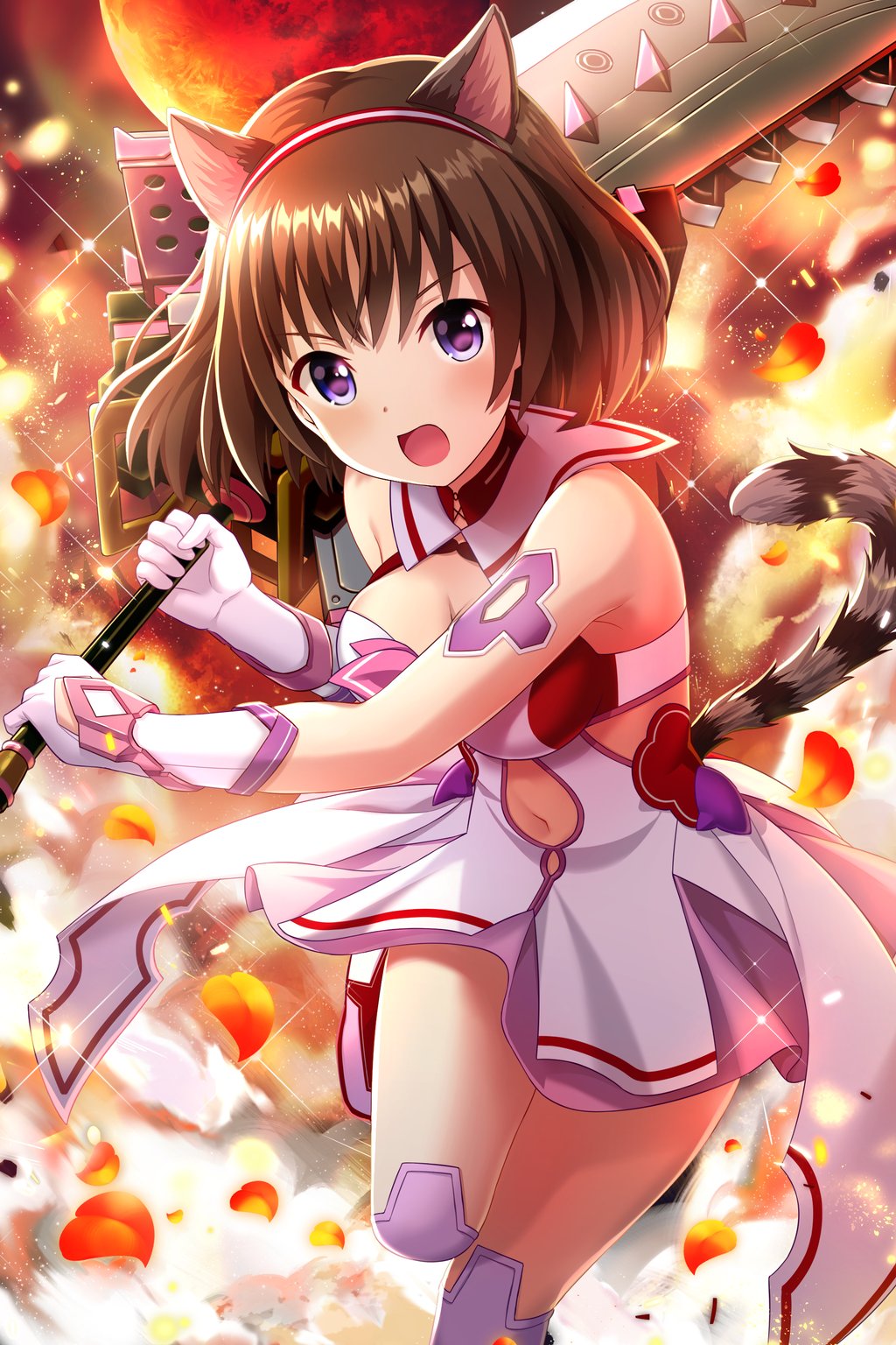 alternative_girls animal_ears armor asahina_nono bangs bare_shoulders blush boots breasts brown_hair cat_ears cat_tail commentary_request cowboy_shot dress gloves hairband highres holding holding_weapon large_breasts looking_at_viewer moon navel night night_sky official_art open_mouth purple_eyes red_moon red_petals short_hair sky tail thigh_boots thighhighs weapon white_dress white_footwear white_gloves
