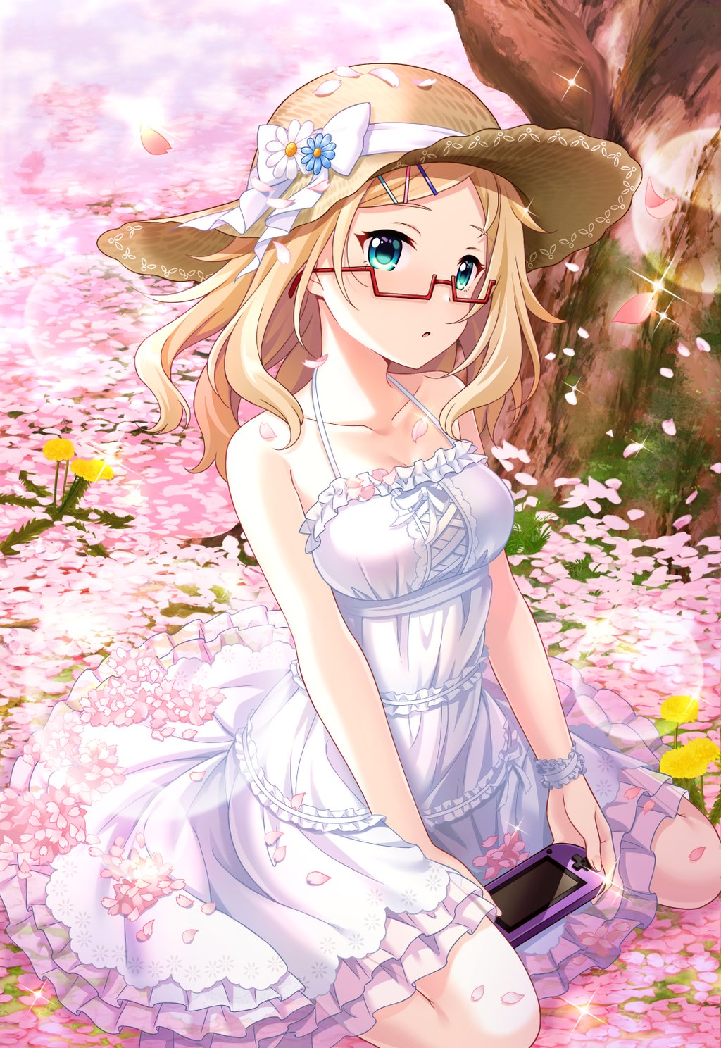 alternative_girls aqua_eyes blonde_hair bracelet breasts cherry_blossoms cleavage collarbone dandelion day dress flower frilled_dress frills hair_ornament hairclip handheld_game_console hat hat_flower highres jewelry large_breasts long_hair looking_at_viewer nakata_natalie official_art outdoors pink_petals red-framed_eyewear semi-rimless_eyewear sitting sun_hat tree wariza white_dress yellow_flower