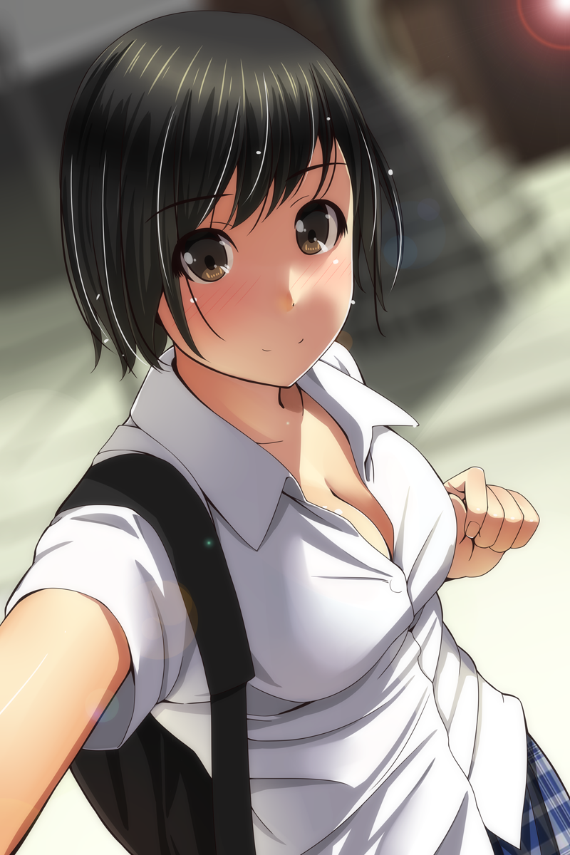 bag bangs black_eyes black_hair blue_skirt blurry blurry_background blush breasts cleavage closed_mouth collarbone collared_shirt commentary_request day depth_of_field dress_shirt dutch_angle eyebrows_visible_through_hair fingernails highres looking_at_viewer matsunaga_kouyou medium_breasts nose_blush original outdoors outstretched_arm plaid plaid_skirt reaching_out self_shot shirt shoulder_bag skirt smile solo white_shirt