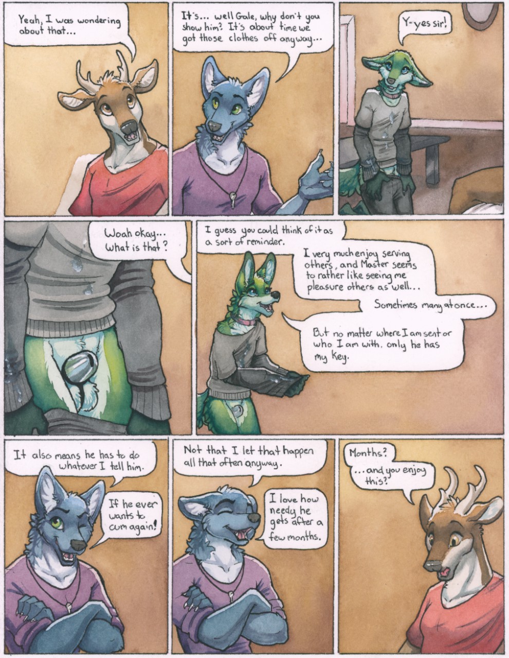 2018 5_fingers anthro antlers balls blue_fur brown_fur canine cervine chastity chastity_cage clothing collar comic cum cum_on_clothing dialogue english_text fur gale_(ruaidri) green_fur horn imminent_sex inner_ear_fluff licking licking_lips male mammal multicolored_fur ruaidri speech_bubble text tongue tongue_out two_tone_fur undressing white_fur
