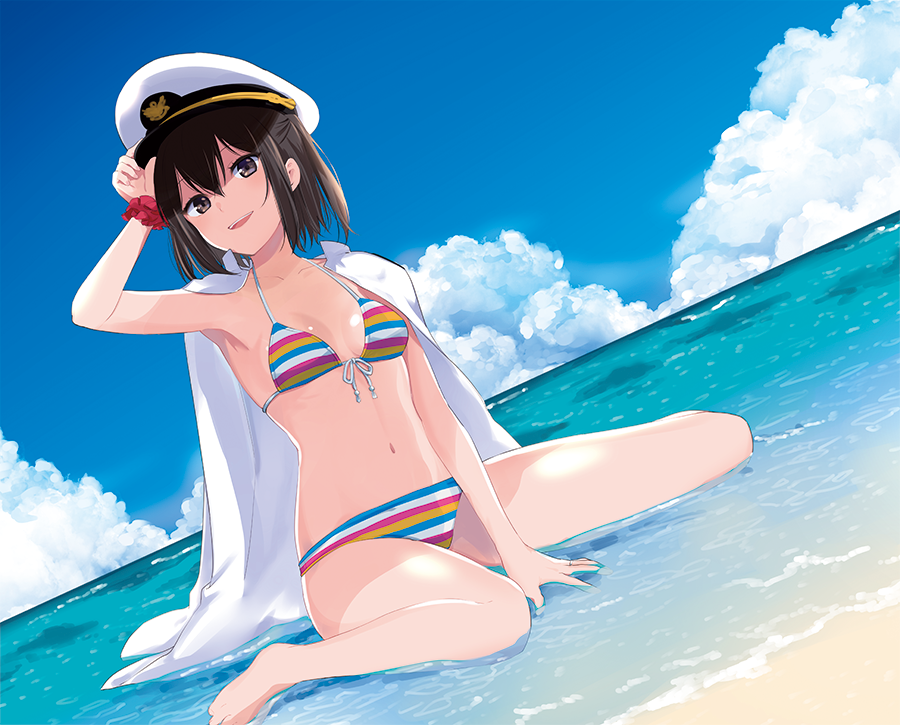 armband bangs beach between_legs bikini blue_sky blush breasts brown_eyes brown_hair cloud commentary day front-tie_bikini front-tie_top full_body hair_between_eyes hand_between_legs hand_up hat ica jewelry kantai_collection legs looking_at_viewer military military_hat military_uniform multicolored multicolored_stripes naval_uniform navel ocean open_mouth peaked_cap ring sand sendai_(kantai_collection) shirt short_hair sitting sky small_breasts smile solo striped striped_bikini striped_swimsuit swimsuit thighs uniform wariza wedding_band white_shirt