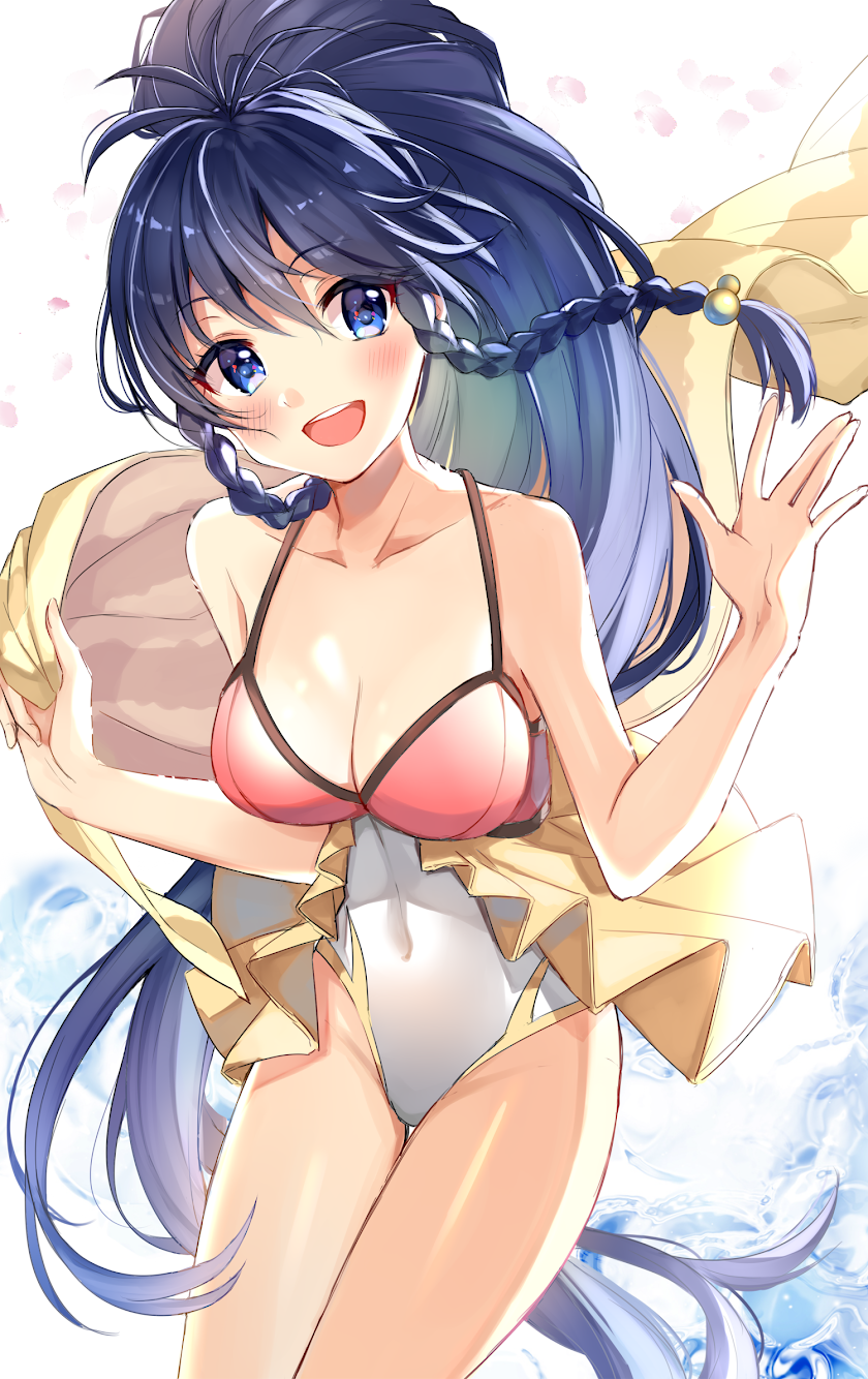 :d bare_shoulders blue_eyes blue_hair blush braid breasts collarbone commentary_request covered_navel cowboy_shot eyebrows_visible_through_hair fire_emblem fire_emblem:_seima_no_kouseki fire_emblem_heroes highleg highleg_swimsuit highres leaning_forward long_hair looking_at_viewer medium_breasts one-piece_swimsuit open_mouth ponytail satoimo_chika smile solo swimsuit tana thighs twin_braids very_long_hair