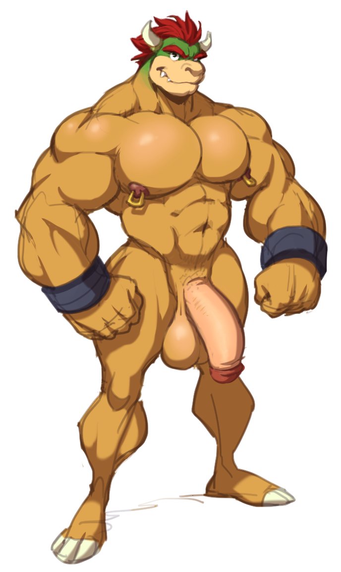 abs analon_(artist) anthro balls biceps big_balls big_muscles big_penis bowser flaccid hair horn humanoid_penis koopa looking_at_viewer male manly mario_bros muscular muscular_male nintendo nipple_piercing nipples nude pecs penis piercing red_hair scalie simple_background solo standing video_games white_background yellow_skin