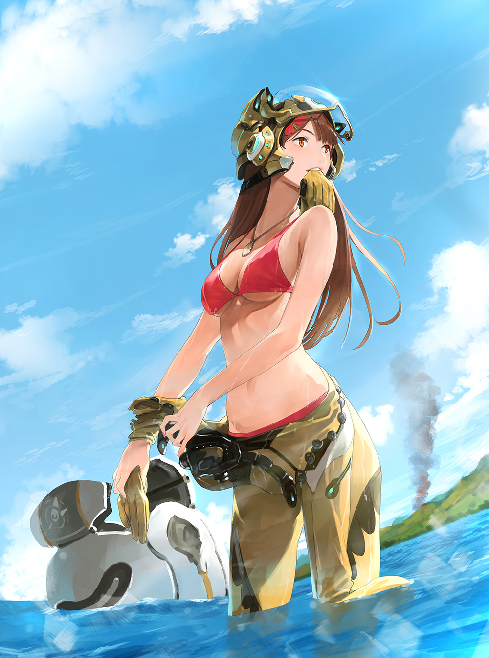 bad_id bad_pixiv_id bare_shoulders bikini blue_sky breasts brown_eyes brown_hair cloud cloudy_sky commentary_request day dog_tags glint gloves helmet highres large_breasts long_hair mouth_hold navel ocean original outdoors pilot_suit red_bikini sky smoke solo somehira_katsu standing swimsuit underboob undressing visor wading water wet