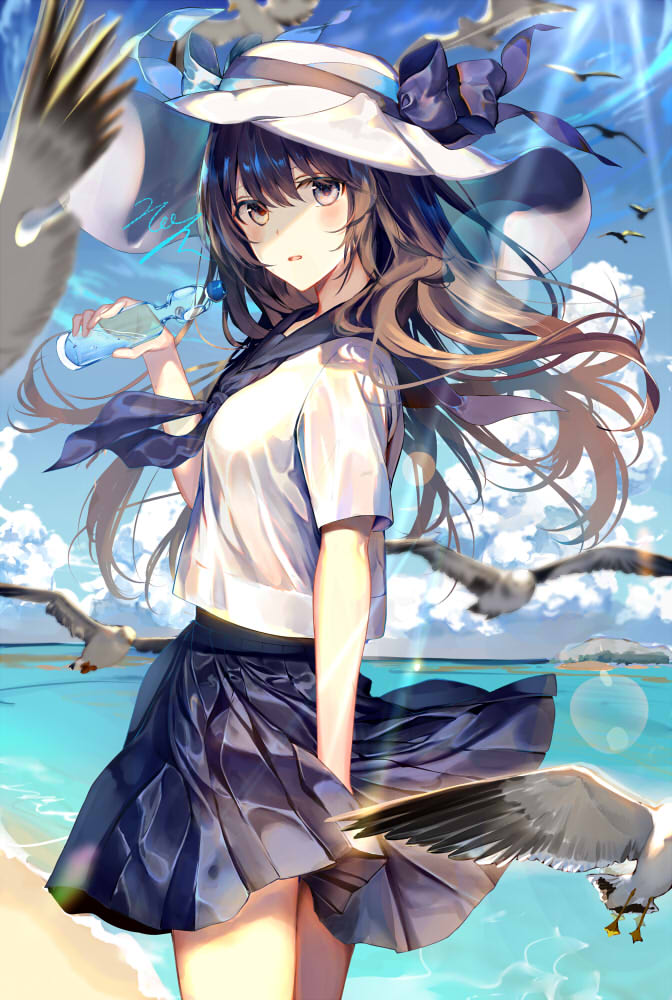 animal bangs beach bird blue_bow blue_neckwear blue_sailor_collar blue_skirt blue_sky blurry blurry_background blush bottle bow brown_eyes brown_hair cloud commentary_request day depth_of_field flying hair_between_eyes hand_up hat hat_bow holding holding_bottle horizon kouyafu long_hair looking_at_viewer looking_to_the_side neckerchief ocean original outdoors parted_lips pleated_skirt ramune sailor_collar sand school_uniform serafuku shirt short_sleeves signature skirt sky solo standing sun_hat very_long_hair water white_hat white_shirt