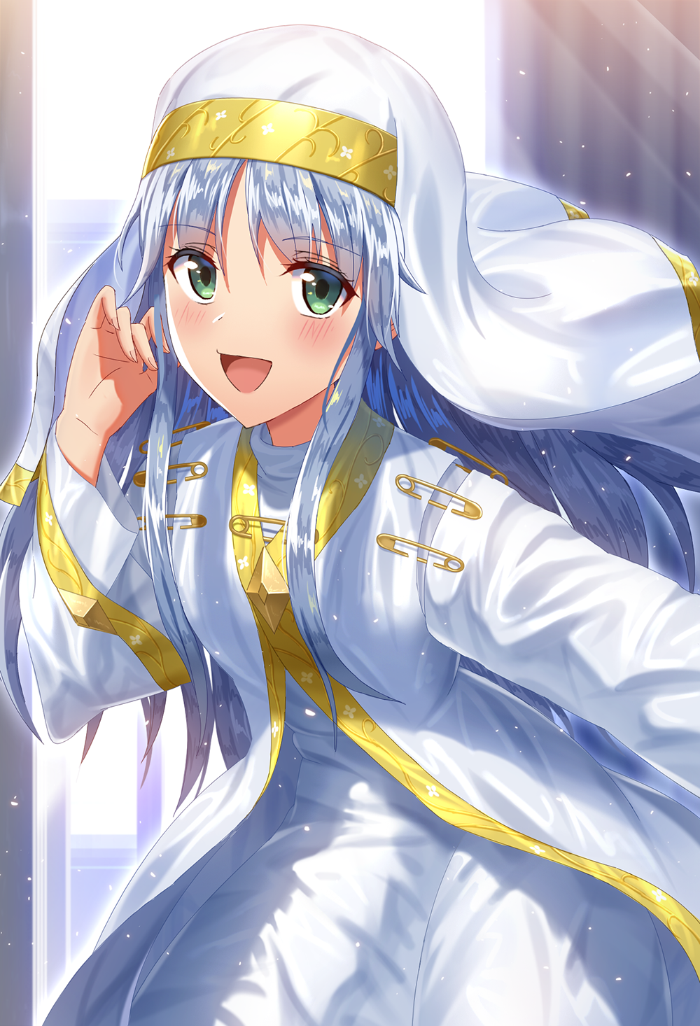 :d bangs blush commentary day eyebrows_visible_through_hair fingernails green_eyes habit hair_between_eyes hand_up highres index indoors long_hair long_sleeves looking_at_viewer mikomiko_(mikomikosu) nun open_mouth robe silver_hair smile solo sunlight to_aru_majutsu_no_index very_long_hair white_robe wide_sleeves window
