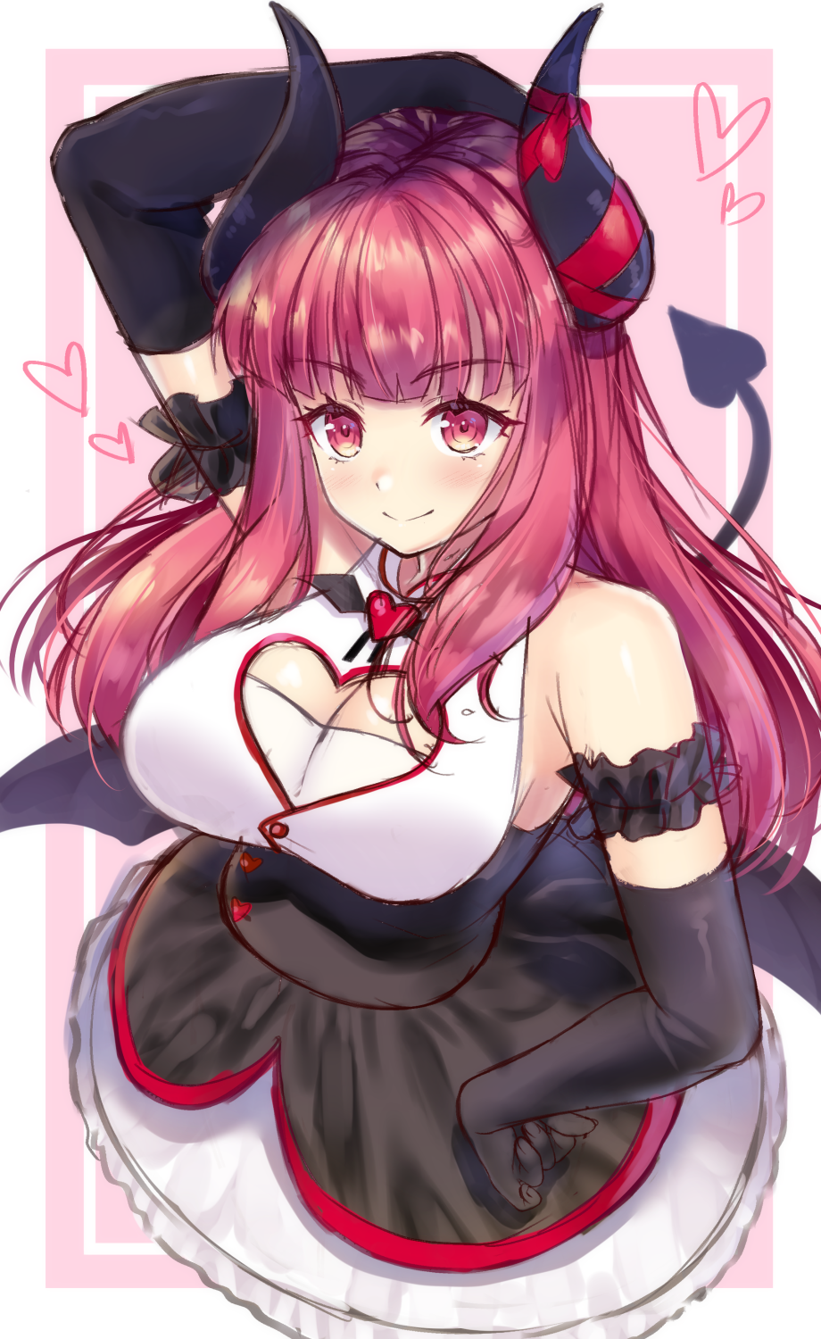 arm_up bare_shoulders black_gloves black_skirt black_wings blush breasts cleavage cleavage_cutout closed_mouth commentary curled_horns demon_girl demon_horns demon_tail demon_wings elbow_gloves eve.ch eve_valerne fingernails gloves heart heart_cutout high-waist_skirt highres honami_(yths4221) horn_ribbon horns large_breasts long_hair red_eyes red_hair red_ribbon ribbon shirt skirt sleeveless sleeveless_shirt smile solo succubus tail very_long_hair virtual_youtuber white_shirt wings