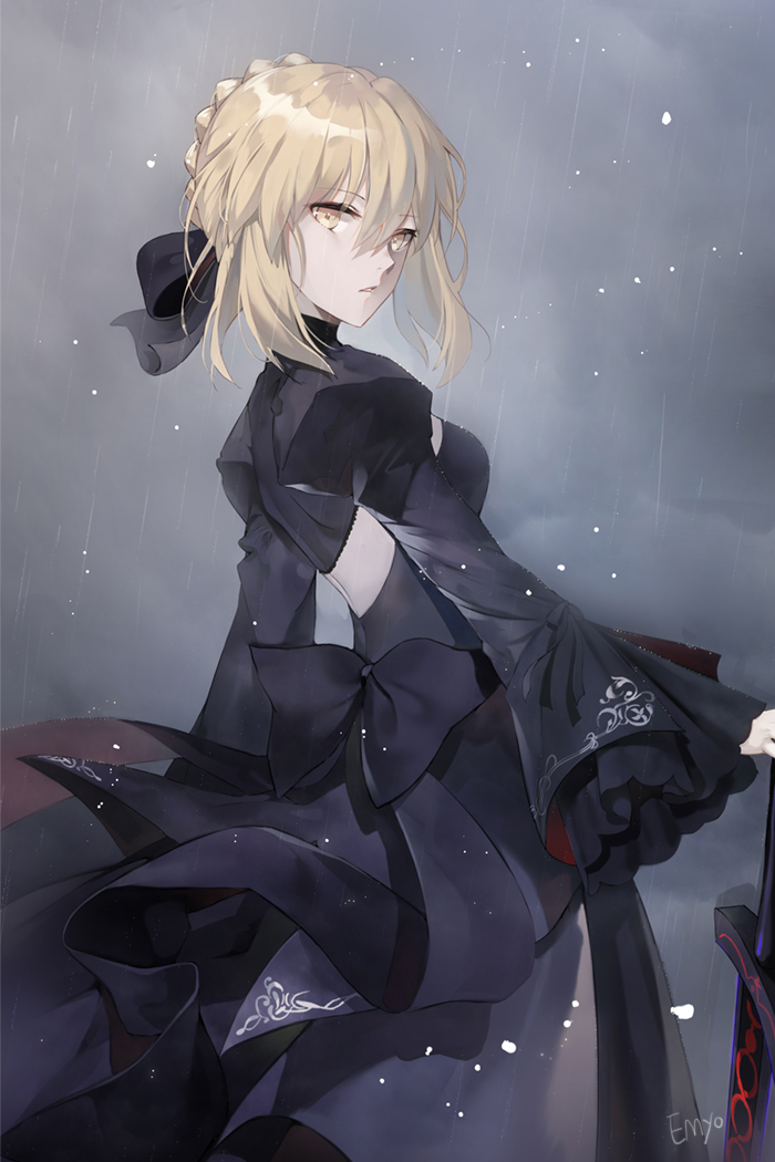 artoria_pendragon_(all) bangs black_bow black_dress blonde_hair bow braid breasts brown_eyes commentary dark_excalibur dress eyebrows_visible_through_hair fate/stay_night fate_(series) hair_between_eyes hair_bow hand_on_hilt juliet_sleeves long_sleeves looking_at_viewer looking_to_the_side medium_breasts parted_lips puffy_sleeves saber_alter solo wide_sleeves yumaomi