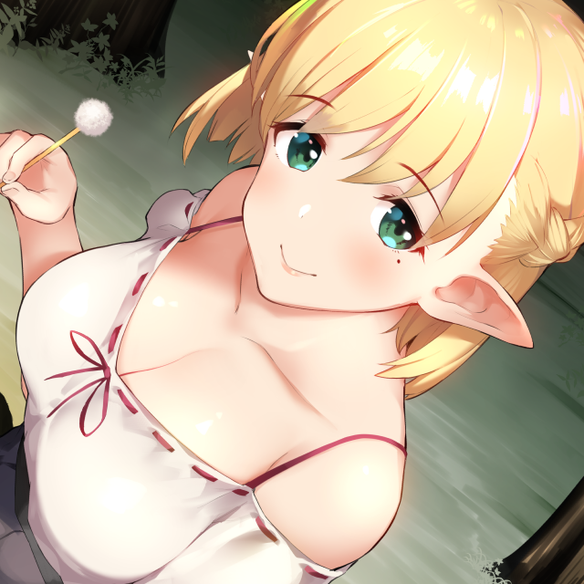 bare_shoulders batsu black_skirt blonde_hair blush braid breasts cleavage closed_mouth cotton_swab elf eyebrows_visible_through_hair forest french_braid green_eyes holding large_breasts looking_at_viewer mimikaki mole mole_under_eye nature original outdoors pleated_skirt pointy_ears shirt short_hair sitting skirt smile solo tree white_shirt