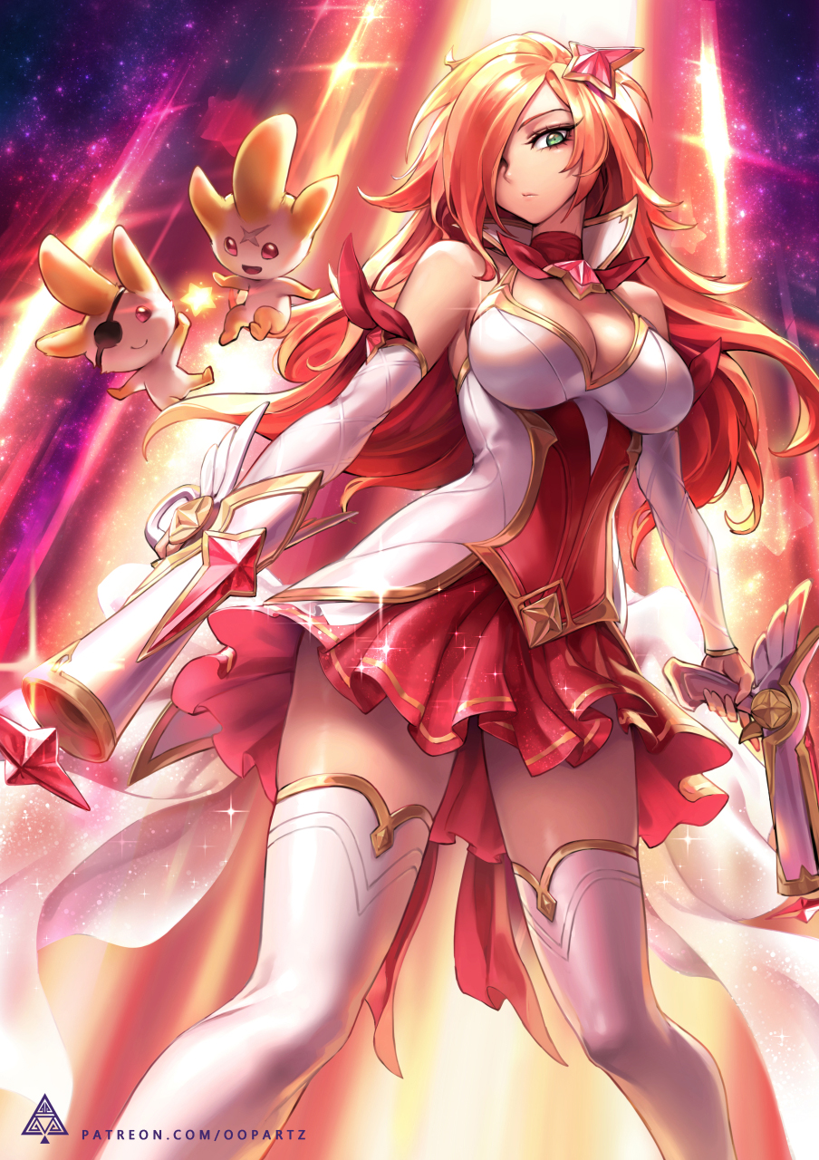 bare_shoulders breasts choker cleavage detached_sleeves green_eyes gun hair_ornament hair_over_one_eye handgun highres holding holding_gun holding_weapon large_breasts league_of_legends long_hair looking_at_viewer magical_girl oopartz_yang patreon_username pistol red_choker red_hair red_skirt sarah_fortune skirt solo standing star star_guardian_miss_fortune star_hair_ornament thighhighs weapon white_legwear zettai_ryouiki