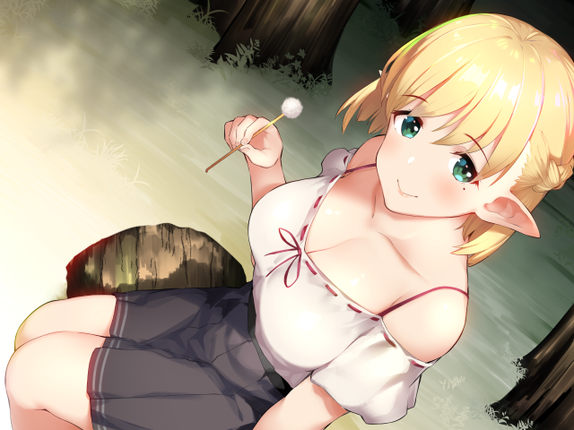 bare_shoulders batsu black_skirt blonde_hair blush braid breasts cleavage closed_mouth collarbone cotton_swab elf eyebrows_visible_through_hair forest french_braid green_eyes holding large_breasts log looking_at_viewer mimikaki mole mole_under_eye nature original outdoors pleated_skirt pointy_ears shirt short_hair sitting skirt smile solo tree white_shirt