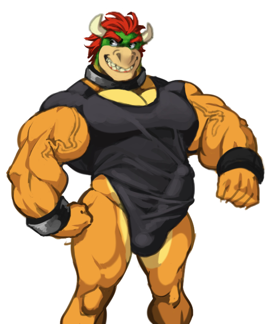 analon_(artist) anthro biceps big_bulge big_penis bowser bulge clothed clothing erection erection_under_clothes flexing hair horn koopa male mario_bros muscular muscular_male nintendo one-piece_swimsuit partially_clothed pecs penis penis_outline pose red_hair scalie shirt simple_background smile solo standing swimsuit vein video_games white_background