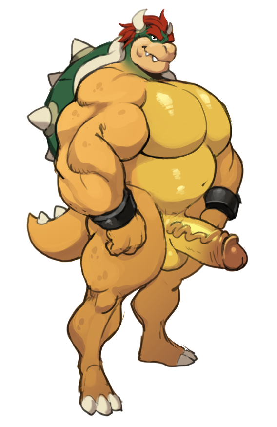analon_(artist) anthro balls barazoku big_biceps big_pecs big_penis bowser erection hair holding_penis horn huge_muscles humanoid_penis koopa looking_at_viewer male mario_bros musclegut muscular muscular_male navel nintendo pecs penis red_hair scalie short_tail simple_background slightly_chubby smile solo standing vein veiny_penis video_games white_background yellow_skin