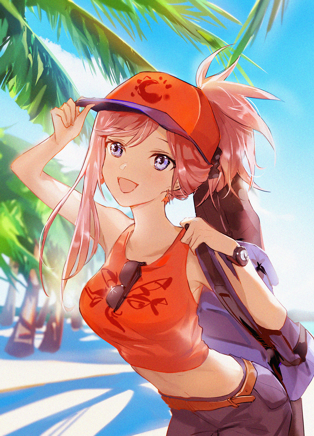 asymmetrical_hair beach blue_eyes breasts casual collarbone day earrings fate/grand_order fate_(series) glasses hair_ornament hat highres jewelry lare large_breasts midriff miyamoto_musashi_(fate/grand_order) navel open_mouth outdoors palm_leaf palm_tree pink_hair ponytail shirt solo sunglasses t-shirt tree