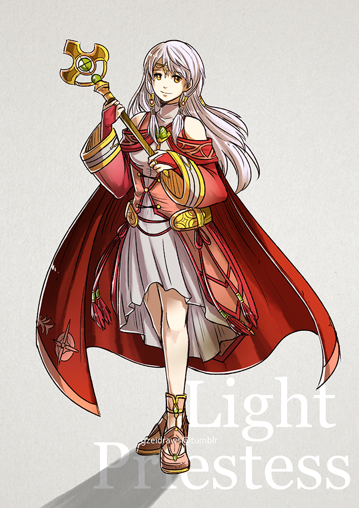 bad_id bad_tumblr_id cape dress elbow_gloves fire_emblem fire_emblem:_akatsuki_no_megami gloves grey_background gzei long_hair looking_at_viewer micaiah simple_background smile solo white_hair yellow_eyes