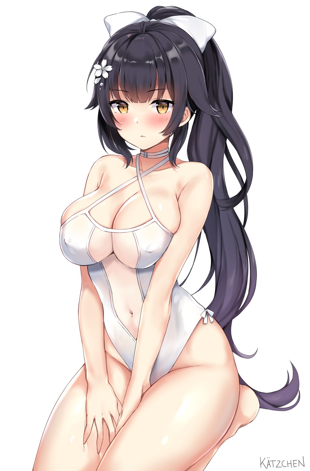 artist_name azur_lane bangs black_hair blush bow breasts casual_one-piece_swimsuit closed_mouth commentary criss-cross_halter flower hair_flaps hair_flower hair_ornament halterneck hands_on_thighs highleg highleg_swimsuit highres kaetzchen large_breasts long_hair looking_at_viewer navel one-piece_swimsuit ponytail seiza simple_background sitting solo swimsuit takao_(azur_lane) white_background white_bow white_swimsuit yellow_eyes