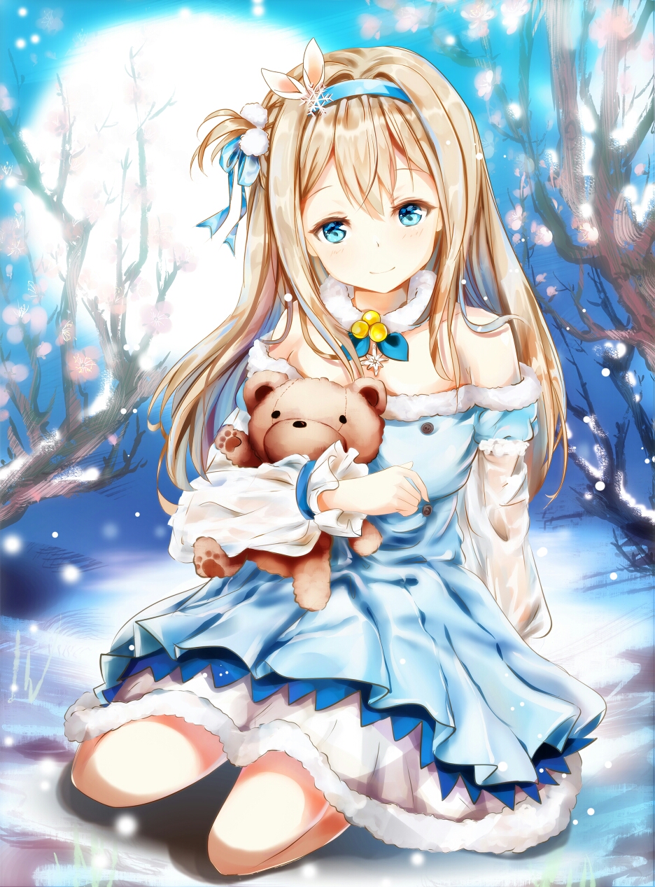 bangs bare_shoulders blue_dress blue_eyes blush closed_mouth commentary_request dress eyebrows_visible_through_hair flower full_moon girls_frontline head_tilt highres light_brown_hair long_hair long_sleeves looking_at_viewer moon mutang object_hug off-shoulder_dress off_shoulder outdoors pink_flower puffy_long_sleeves puffy_short_sleeves puffy_sleeves see-through short_over_long_sleeves short_sleeves sitting smile solo stuffed_animal stuffed_toy suomi_kp31_(girls_frontline) teddy_bear tree_branch