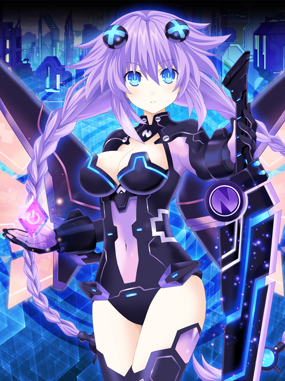 blue_eyes braid breasts cleavage cleavage_cutout commentary_request covered_navel cowboy_shot crystal glowing_crystal hair_between_eyes hair_ornament highres hips holding holding_sword holding_weapon kagura_ittou leotard looking_at_viewer medium_breasts neptune_(series) open_mouth power_symbol purple_hair purple_heart skin_tight solo sword symbol-shaped_pupils thigh_gap thighhighs twin_braids twintails weapon wings