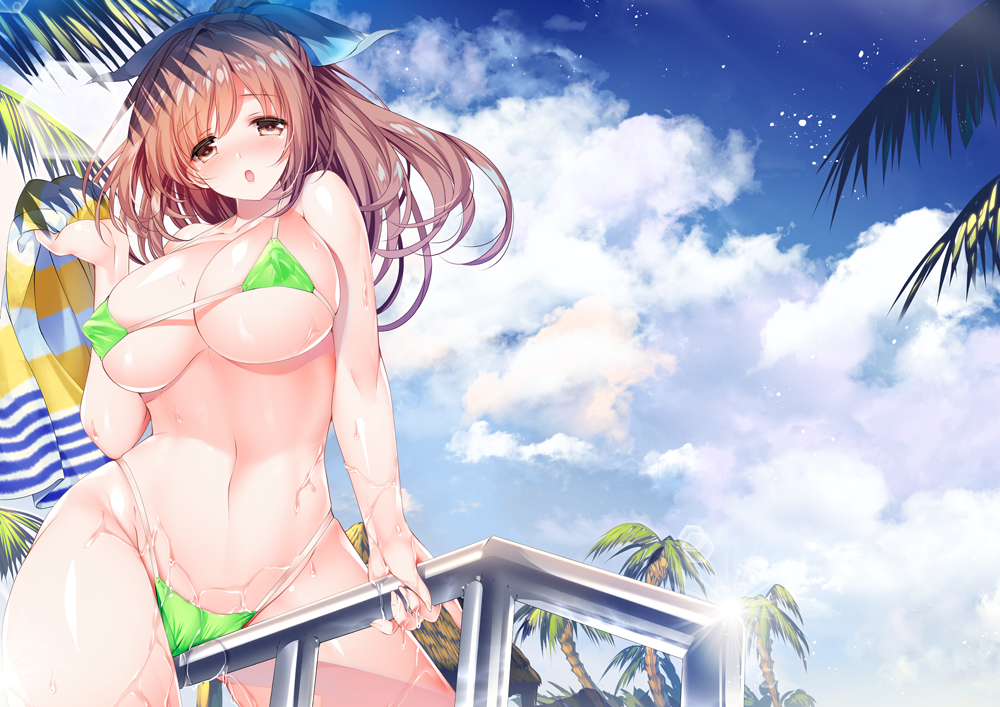:o armpits bare_arms bare_legs bare_shoulders bikini blush bow breasts brown_eyes brown_hair cleavage cloud cloudy_sky collarbone commentary_request covered_nipples cowboy_shot crotch_rub day eyebrows_visible_through_hair frottage groin hair_bow halterneck highleg highleg_bikini idolmaster idolmaster_shiny_colors large_breasts long_hair looking_at_viewer micro_bikini navel open_mouth outdoors palm_tree ponytail railing sideboob skindentation sky solo spread_legs stomach string_bikini suggestive_fluid swimsuit tamiya_akito thighhighs thighs tree tsukioka_kogane underboob