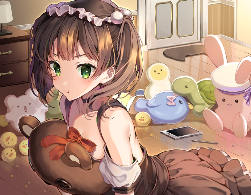 :t bangs bare_shoulders blush bow brown_dress brown_hair cellphone chest_of_drawers closed_mouth collarbone commentary detached_sleeves door dress eyebrows_visible_through_hair green_eyes hair_bobbles hair_ornament indoors kanna_(kanna_channel) kanna_channel looking_at_viewer object_hug phone pinb pink_bow pout puffy_short_sleeves puffy_sleeves red_bow short_sleeves sleeveless sleeveless_dress smartphone solo stuffed_animal stuffed_bunny stuffed_toy stuffed_turtle teddy_bear twintails v-shaped_eyebrows virtual_youtuber wooden_floor
