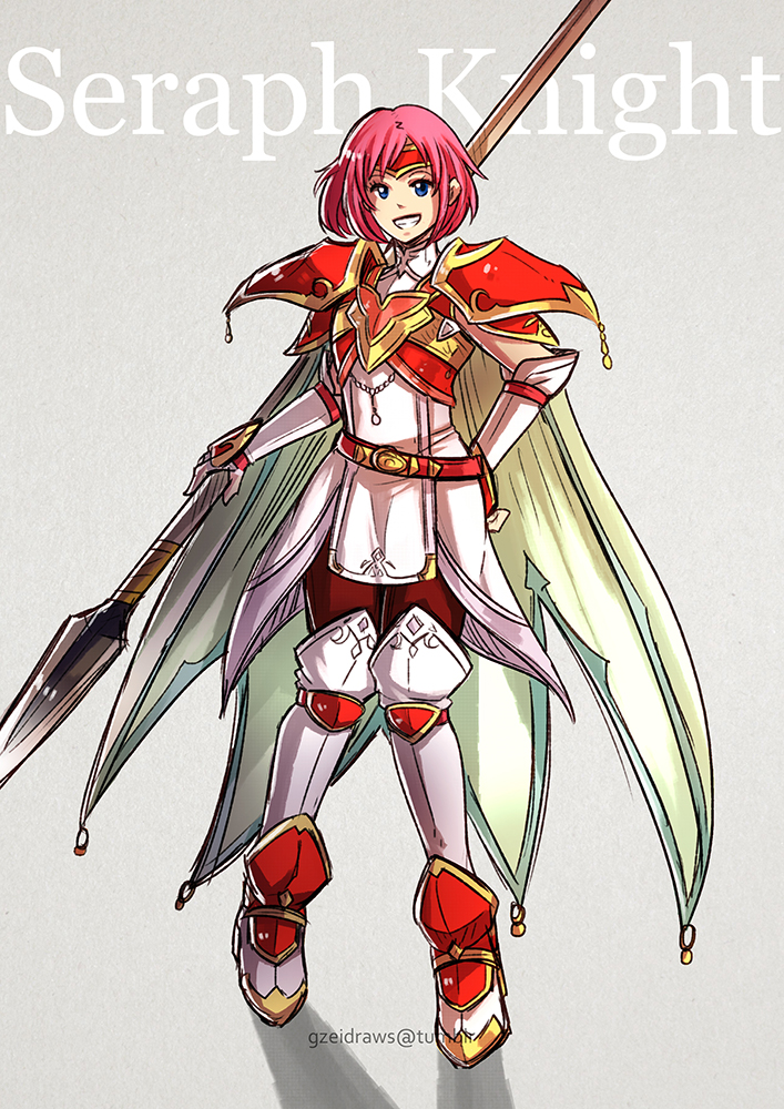 armor bad_id bad_tumblr_id blue_eyes breastplate cape fire_emblem fire_emblem:_akatsuki_no_megami fire_emblem:_souen_no_kiseki full_body gloves greaves grey_background grin gzei headband holding holding_spear holding_weapon looking_at_viewer marcia pauldrons pink_hair polearm simple_background smile solo spear weapon