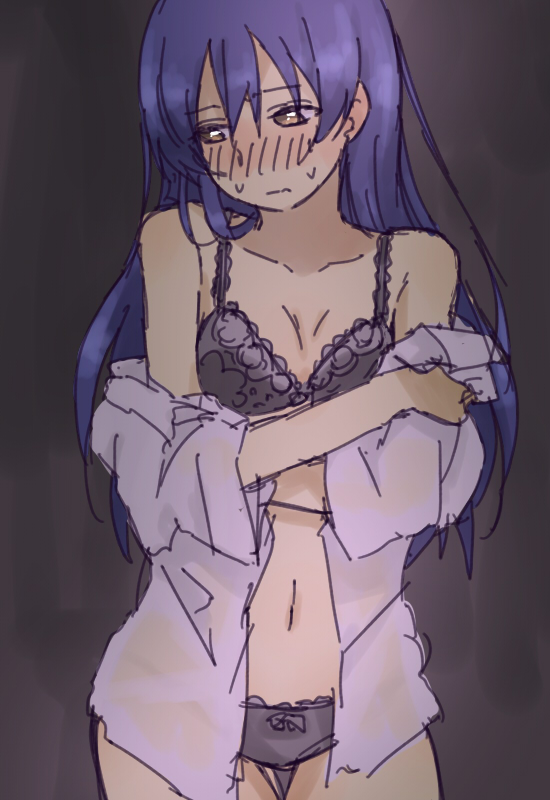 bangs black_bra black_panties blue_hair blush bra commentary_request hair_between_eyes joint06 long_hair love_live! love_live!_school_idol_project navel open_clothes panties solo sonoda_umi underwear undressing yellow_eyes