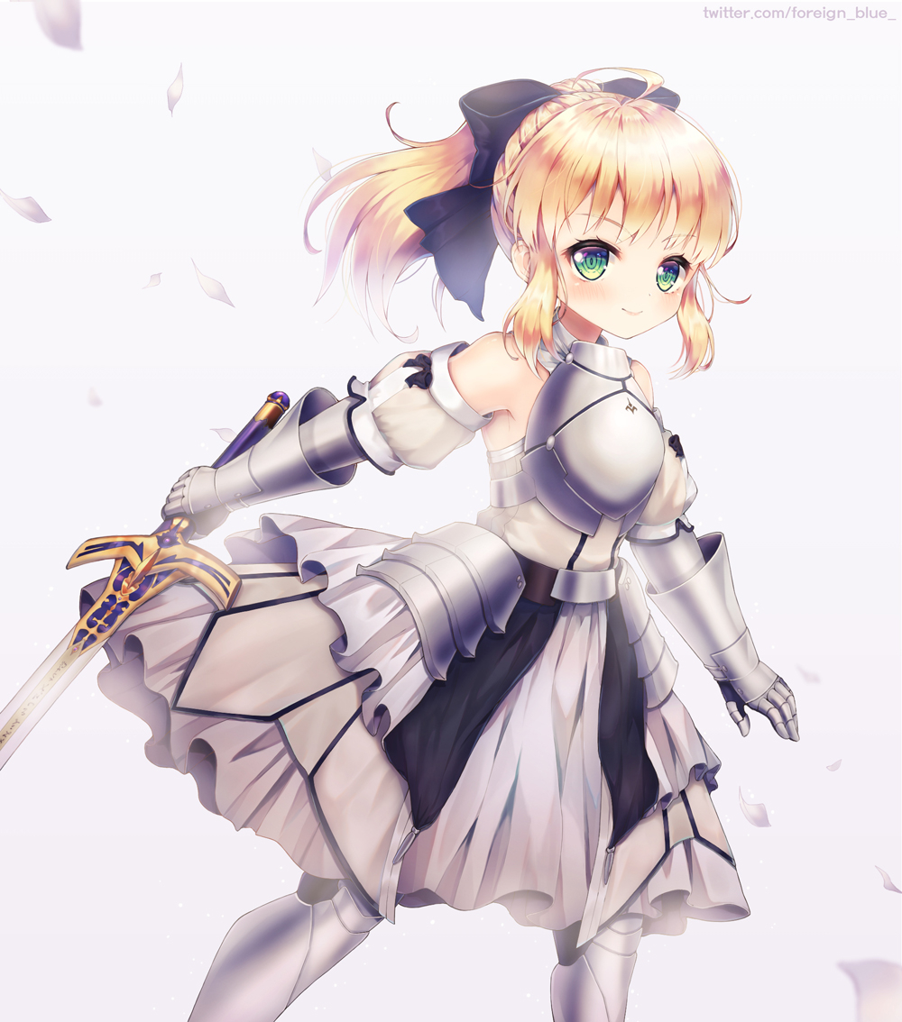 armor armored_boots armored_dress artoria_pendragon_(all) bangs bare_shoulders black_bow blonde_hair blush boots bow caliburn closed_mouth commentary detached_sleeves dress eyebrows_visible_through_hair fate/grand_order fate/stay_night fate/unlimited_codes fate_(series) foreign_blue gauntlets green_eyes grey_background hair_bow holding holding_sword holding_weapon long_hair looking_at_viewer petals ponytail puffy_short_sleeves puffy_sleeves saber_lily short_sleeves sleeveless sleeveless_dress smile solo sword watermark weapon web_address white_dress